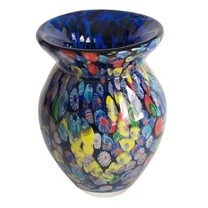 Millefiori Cobalt Blue Art Glass Bouquet Vase 7in Tall Heavy!